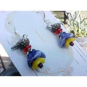 B2G1 Mothers day Gift Blue Bird Trumpet Flower Earrings Cottagecore Shabby Chic